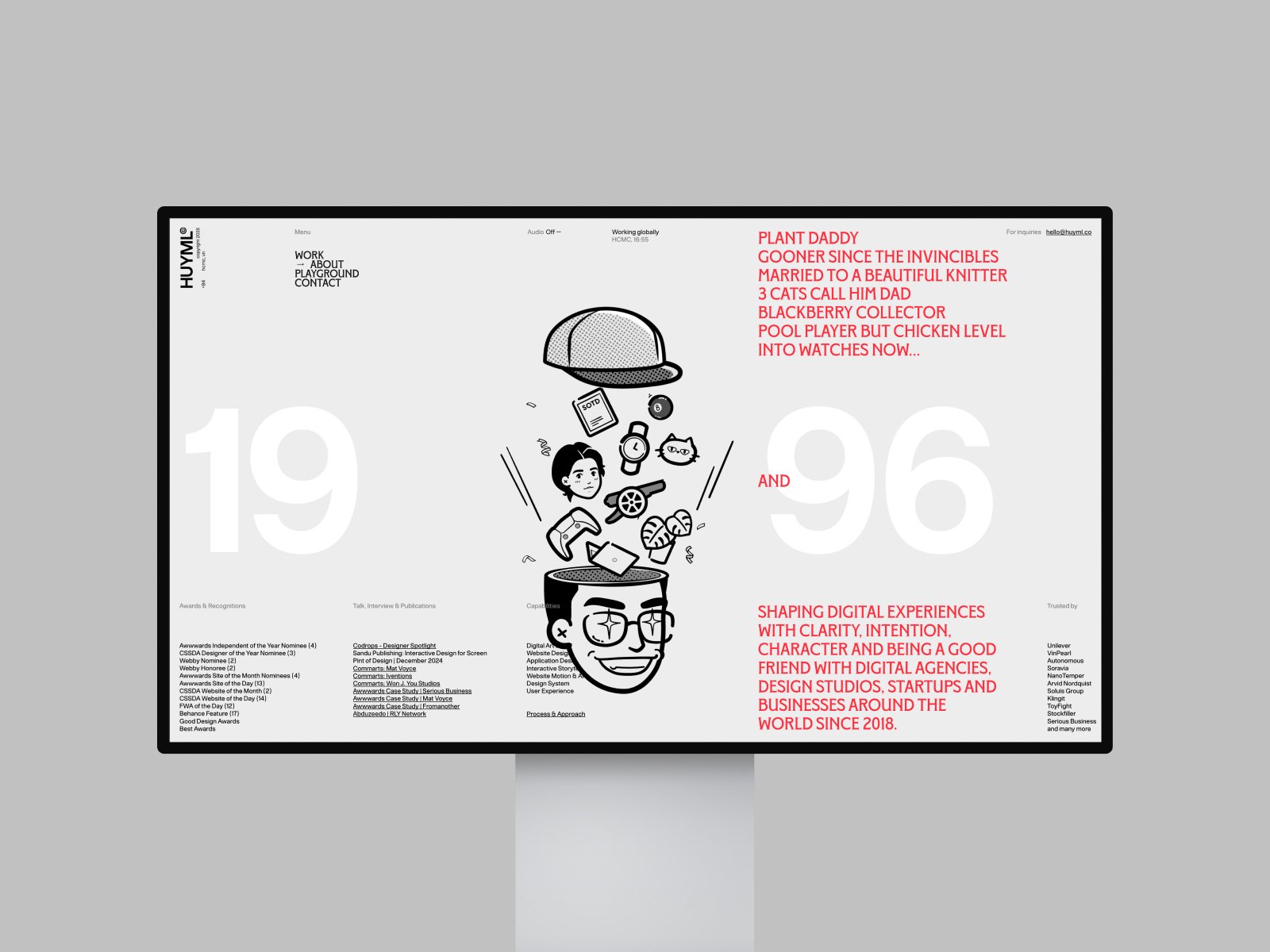 Страница «обо мне» портфолио Хюи Фана с огромными цифрами 19 и 96