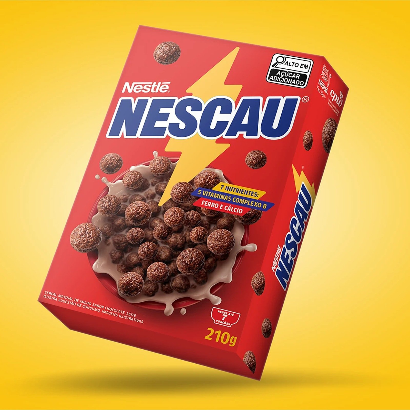 Новая упаковка хлопьев Nescau с жёлтой молнией на красной коробке