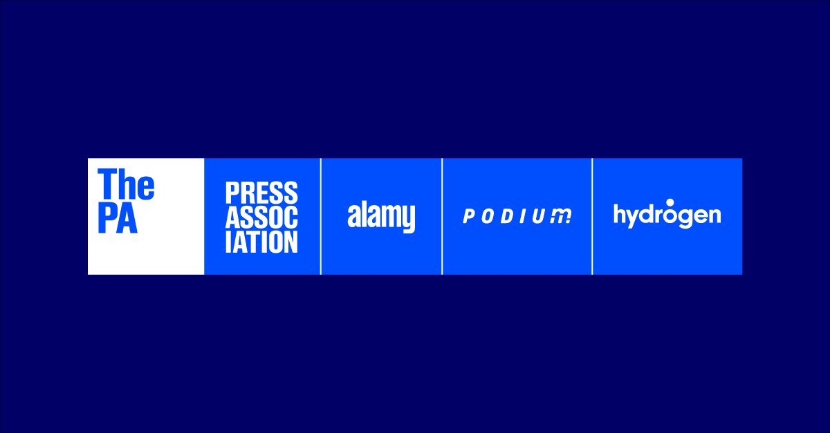 Новые логотипы The PA, Press Association, Alamy, Podium и Hydrogen на синем фоне