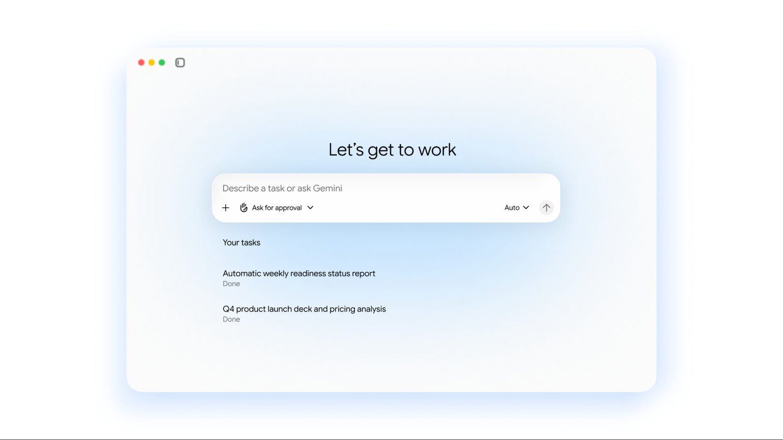 Интерфейс Gemini agent: окно «Let’s get to work» с полем для задачи и списком выполненных задач
