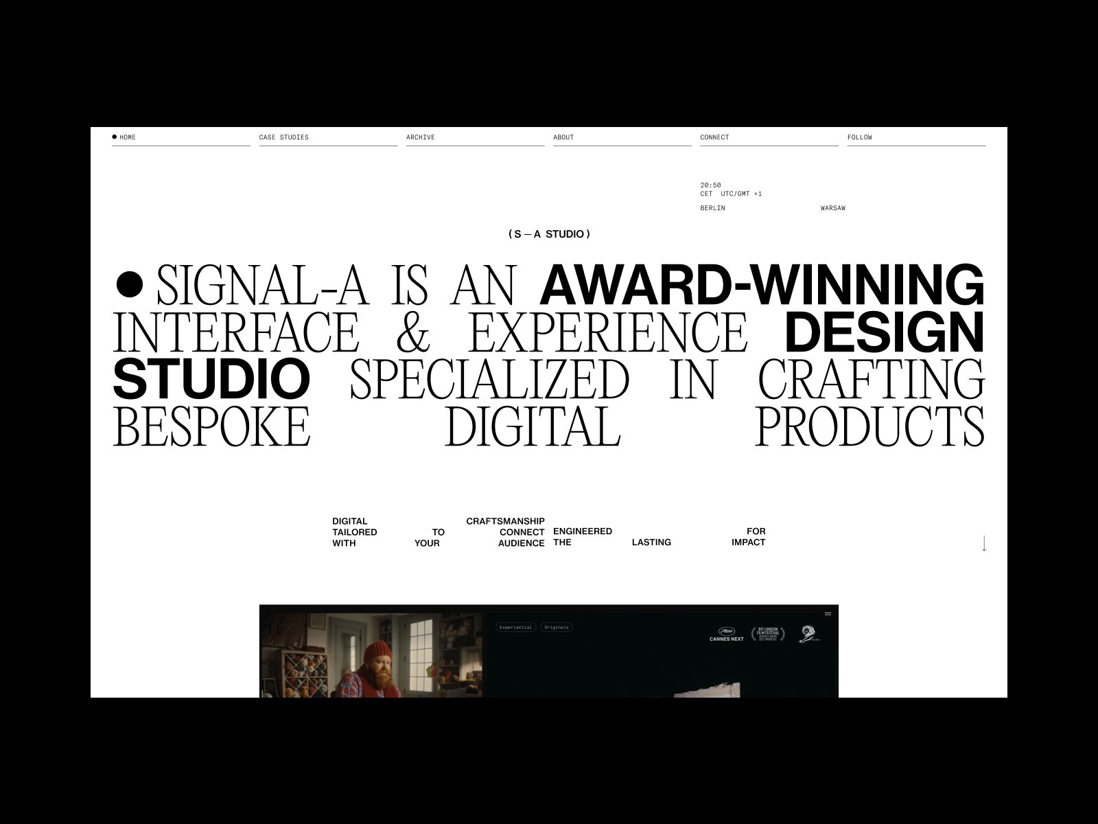 Первый экран сайта Signal-A Studio: крупный чёрный текст на белом фоне
