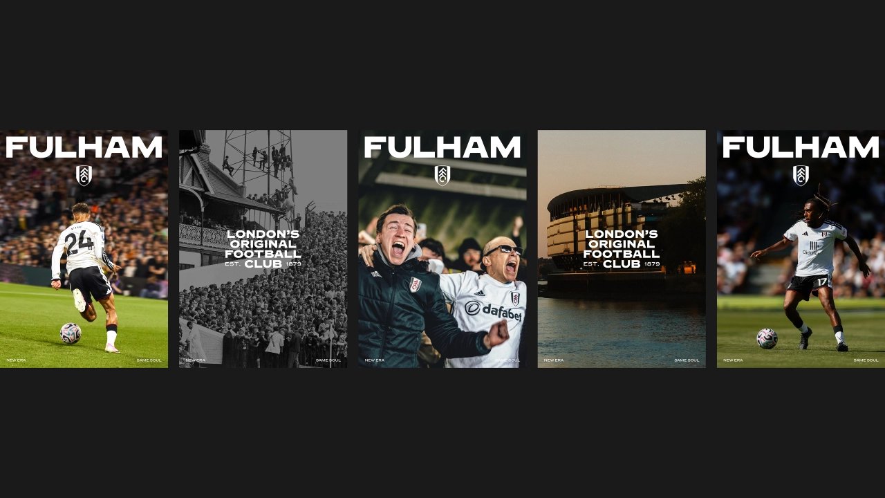 Постеры новой айдентики Fulham FC: игроки, болельщики и Craven Cottage с надписью London’s Original Football Club