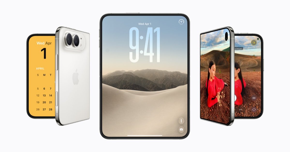 iPhone Duo в сложенном и разложенном виде: внешний экран, большой внутренний экран и камера