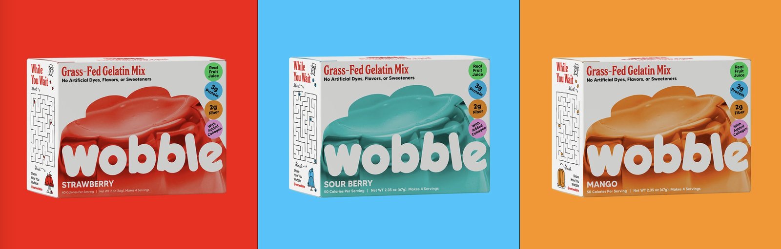 Три коробки желе Wobble на красном, голубом и оранжевом фоне